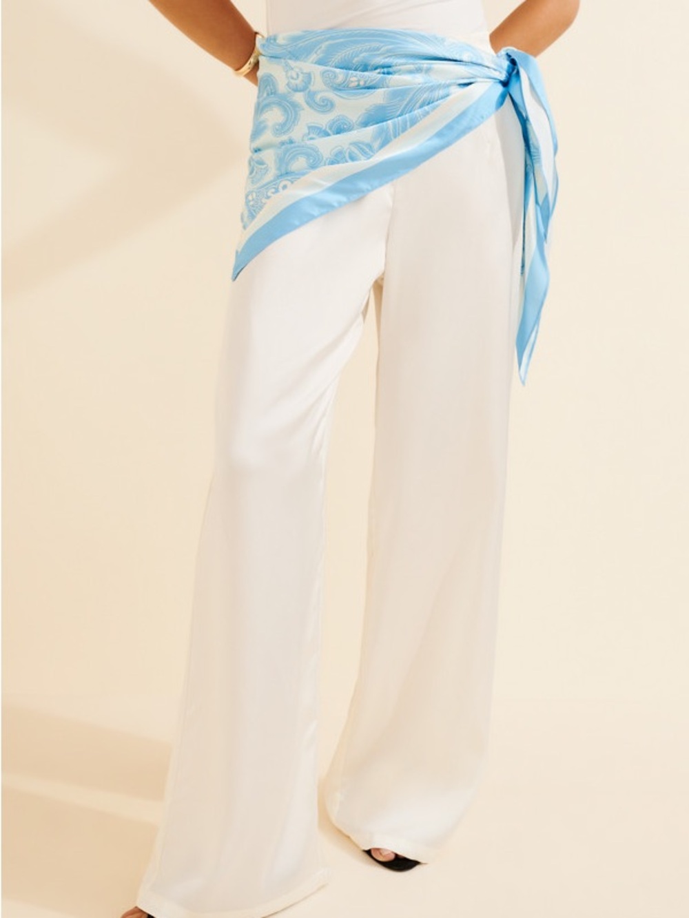 Women's White Wide-Leg Satin Trousers